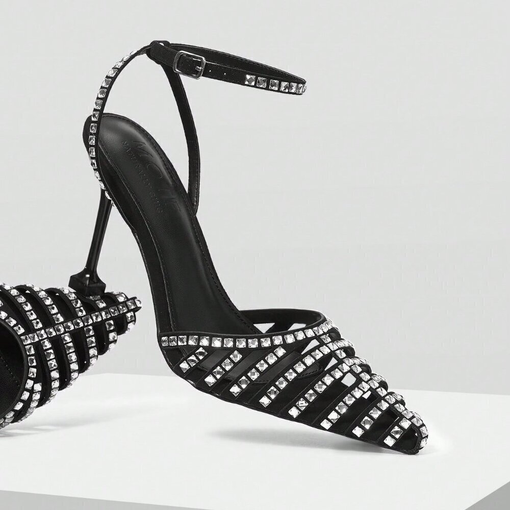 Black Glamorous Women's Rhinestone Buckle High Heel Shoes - Picture 5 of 6